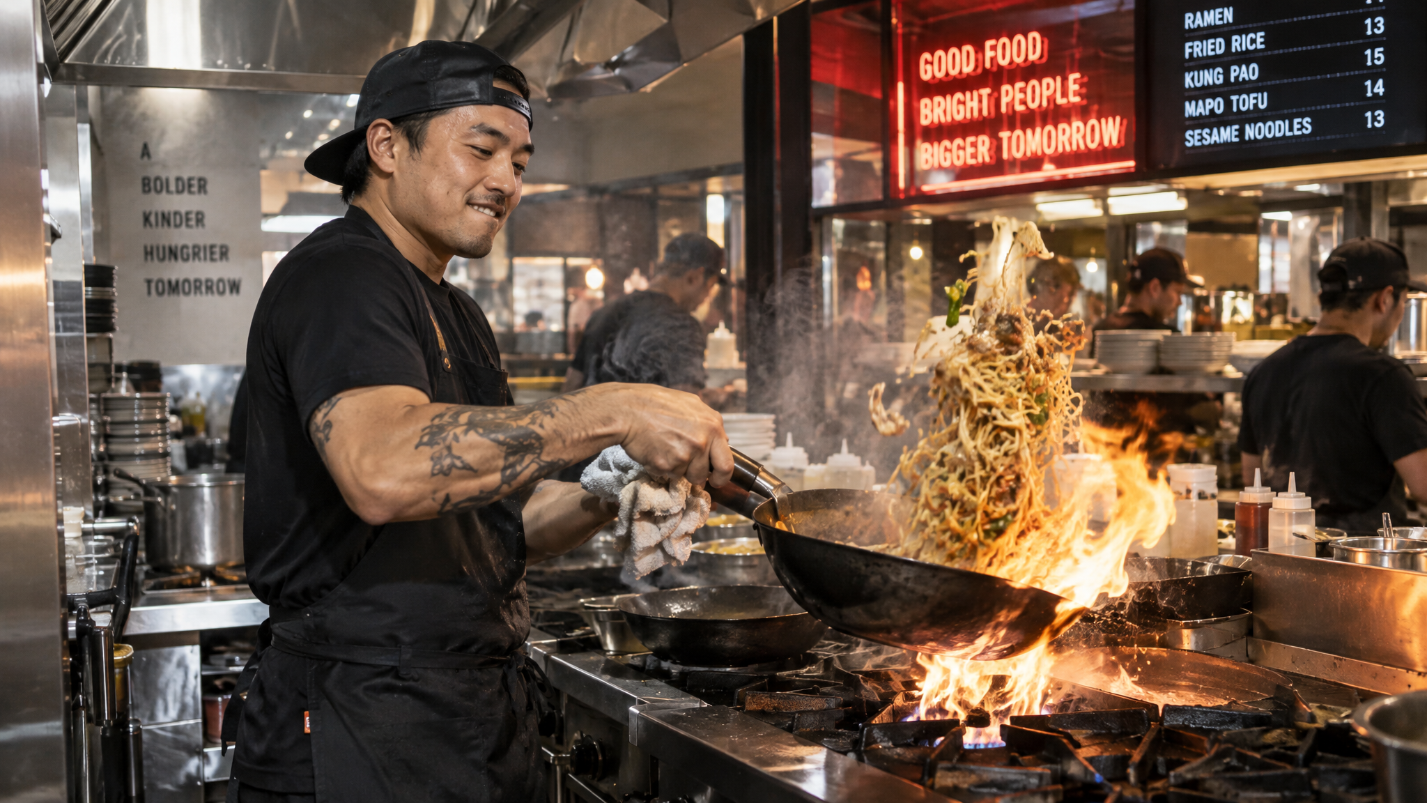 Line cook tossing noodles in a flaming wok in an open restaurant kitchen