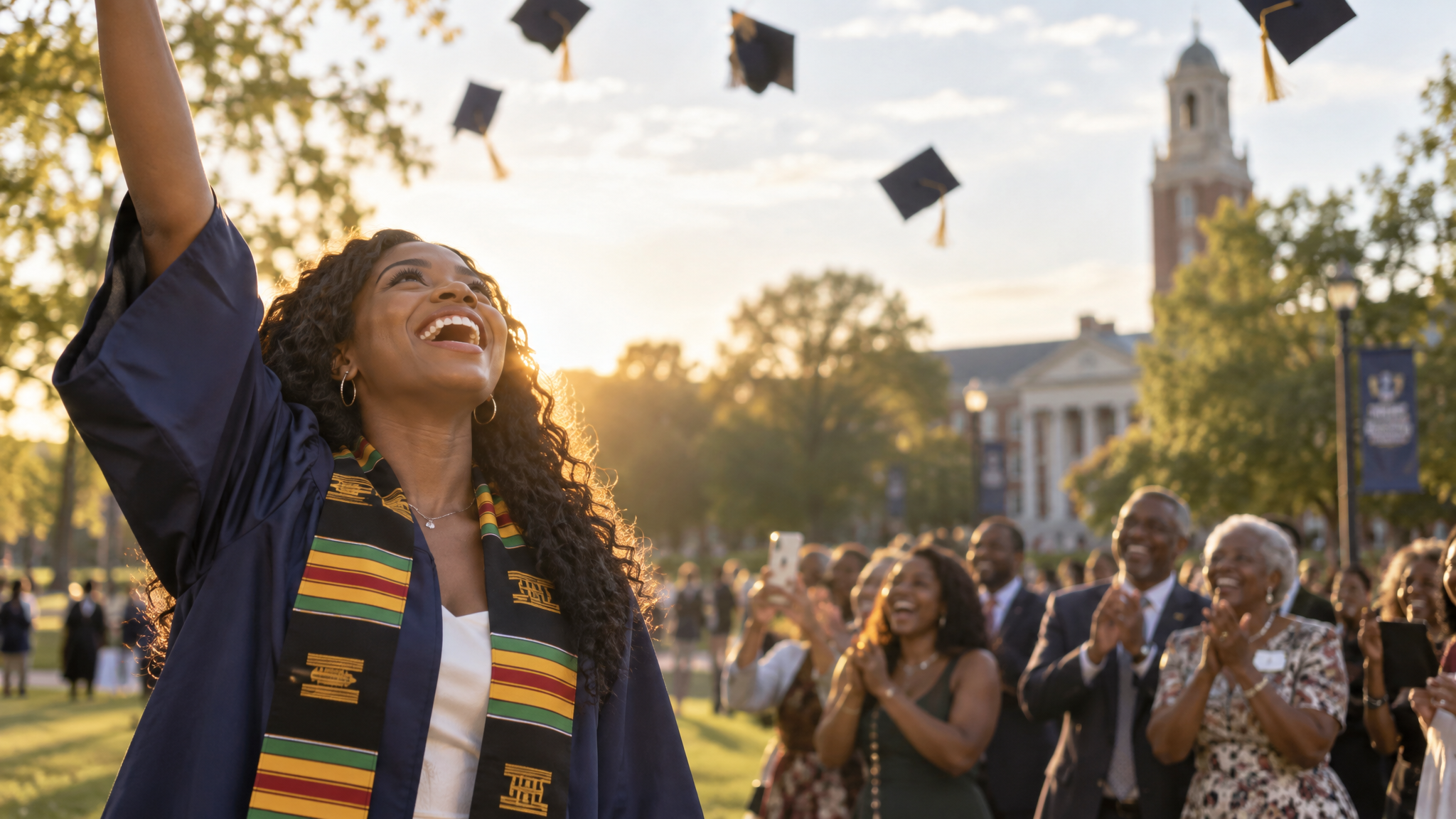 Graduate in a navy gown and kente stole laughing as caps fly overhead on a sunlit campus lawn