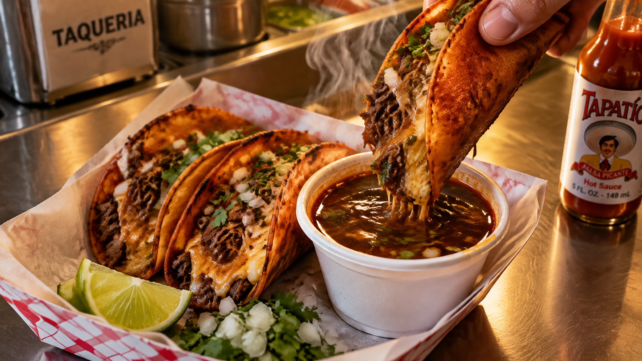 A birria taco being dunked into a cup of consommé with melted cheese and steam on a taqueria counter