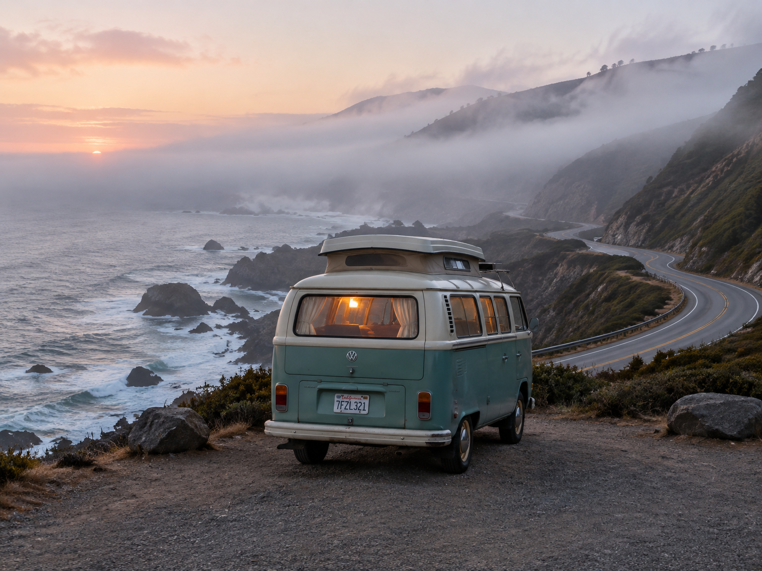 Cream and teal camper van parked on a coastal cliff above a winding road in morning fog