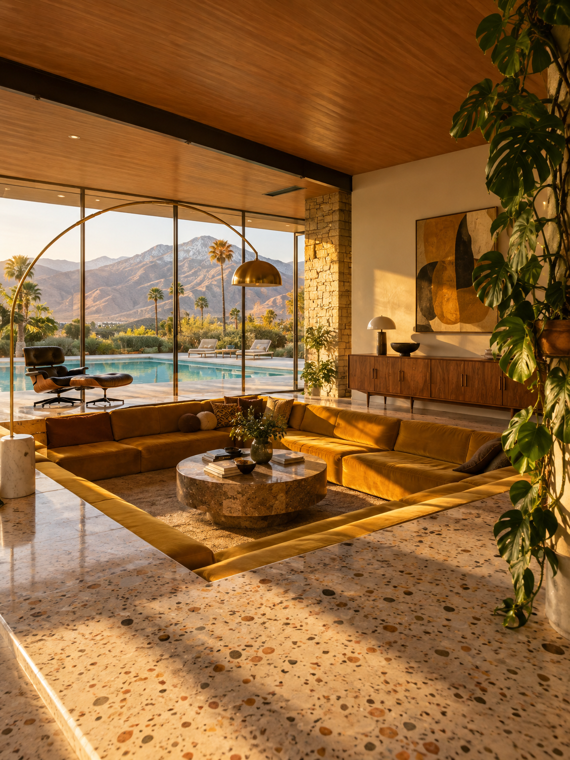 Mid-century living room with a sunken conversation pit and glass wall opening onto a turquoise pool
