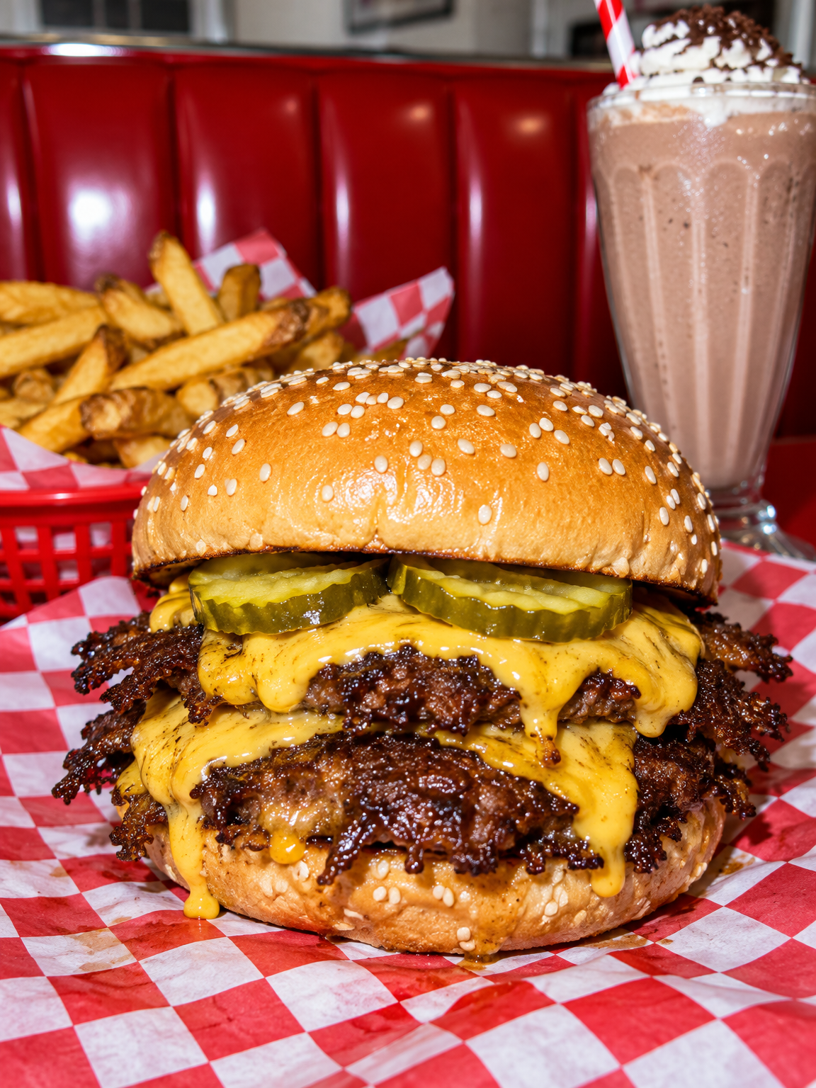 Double smash burger with melted American cheese on checkered paper beside fries and a milkshake in a diner booth