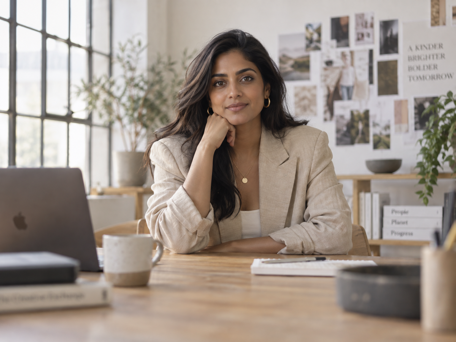 South Asian woman founder in a linen blazer seated at an oak table in a bright creative studio