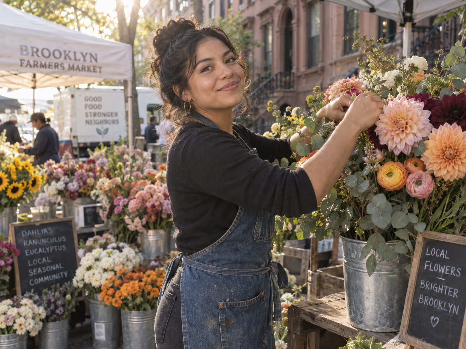 Latina florist in a denim apron arranging a bouquet at a Brooklyn farmers market stall