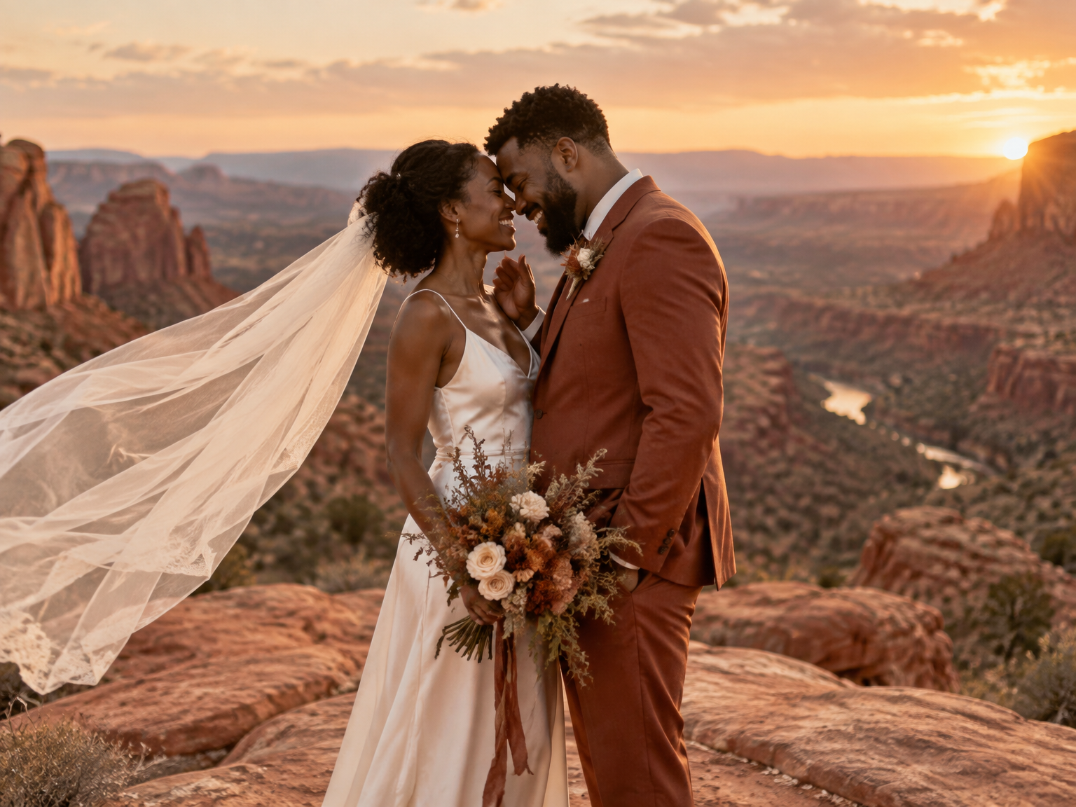Bride in a long veil and groom in a rust suit laughing together at a red-rock desert overlook at golden hour