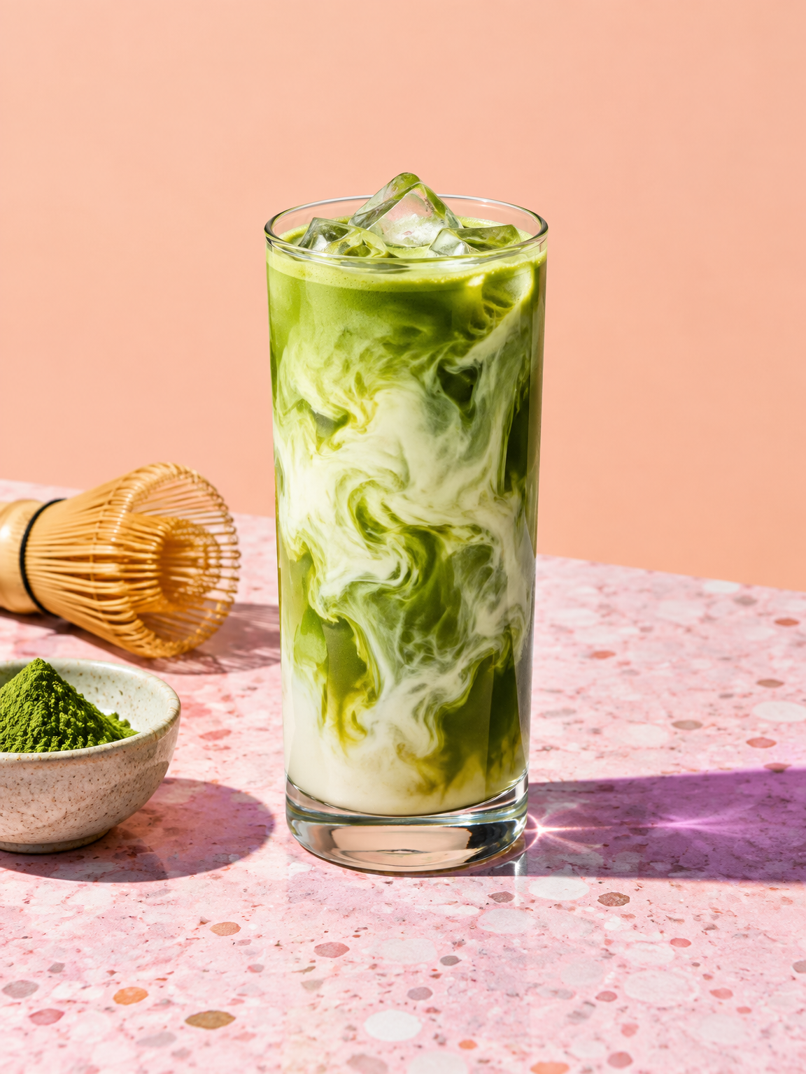Iced matcha latte with swirling oat milk on a pink terrazzo surface against a pastel peach backdrop