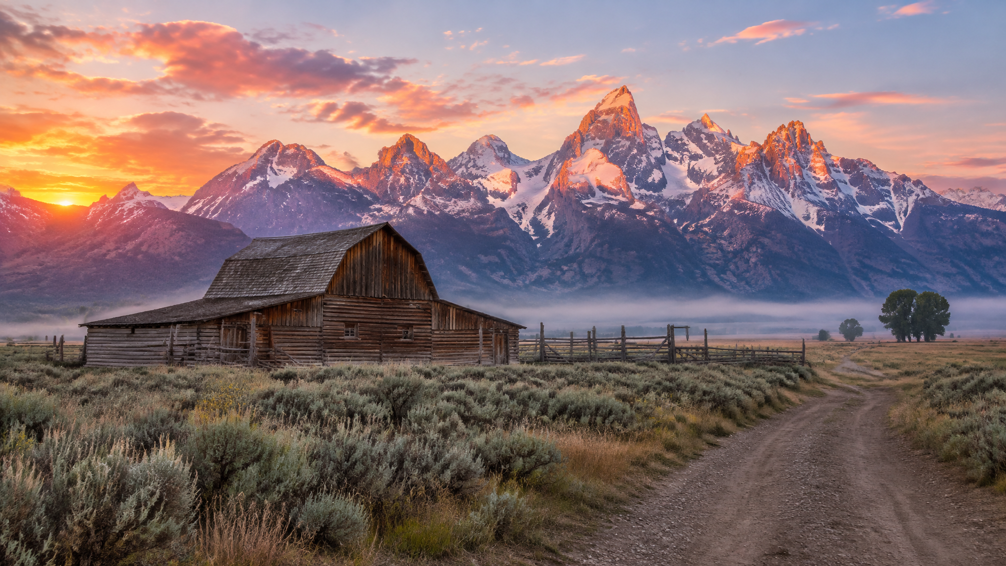 Weathered barn at Mormon Row with the Teton range glowing pink at sunrise