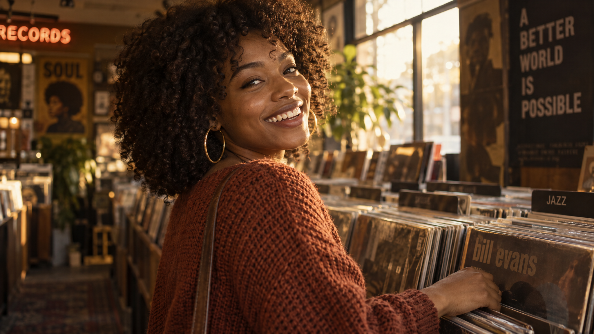 Smiling woman with natural curls browsing vinyl in a record store in golden window light