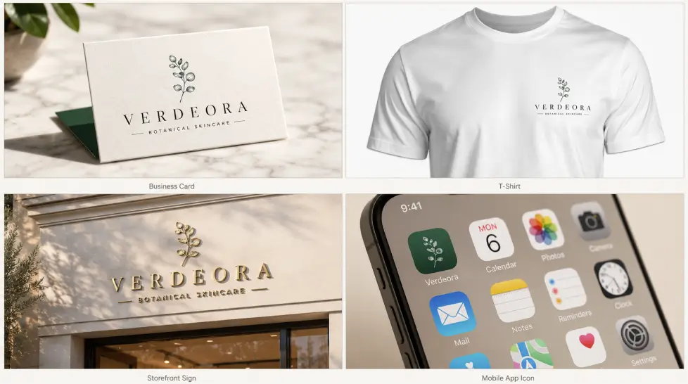 Professional botanical skincare brand identity mockup showing logo applications across business card, t-shirt, storefront signage, and mobile app icon in a premium branding presentation.