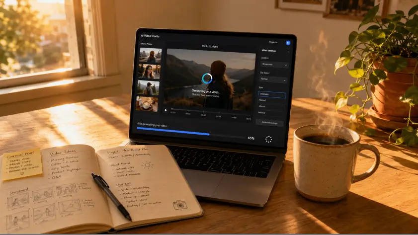 A warm golden-hour creative workspace featuring a laptop running an AI photo-to-video generation tool, with a steaming coffee mug, open notebook with handwritten planning notes, pen, and potted plant on a light oak desk.