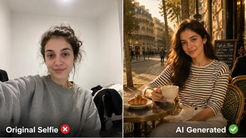 Side-by-side comparison of an ordinary indoor selfie and an AI-generated lifestyle portrait of the same young woman at a Parisian café, highlighting how AI transforms a casual snapshot into a polished, cinematic golden-hour portrait while preserving her identity.