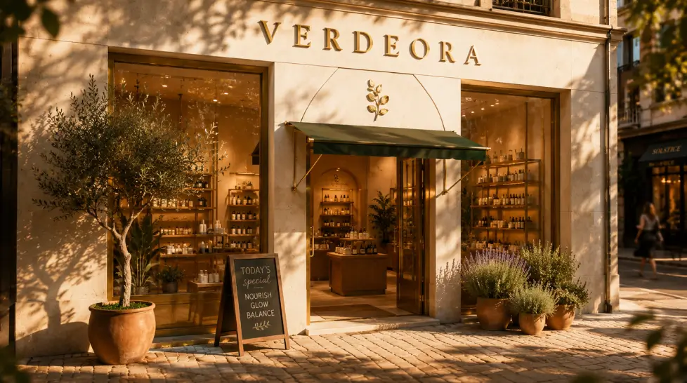Luxury botanical skincare boutique storefront featuring premium gold brand signage, elegant shop windows, warm interior lighting, and a sophisticated retail brand identity design.