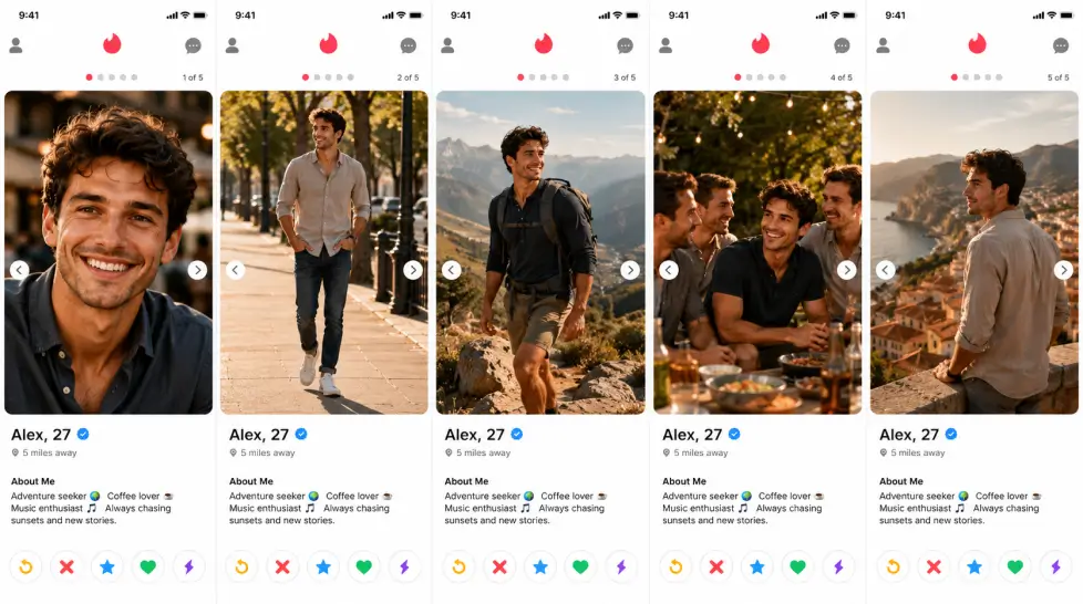 A realistic dating app profile mockup showcasing a five-photo profile strategy for the same young man, including a friendly headshot, full-body portrait, hiking adventure, social gathering with friends, and scenic travel photo, all presented in a cohesive warm lifestyle aesthetic within a modern dating app interface.