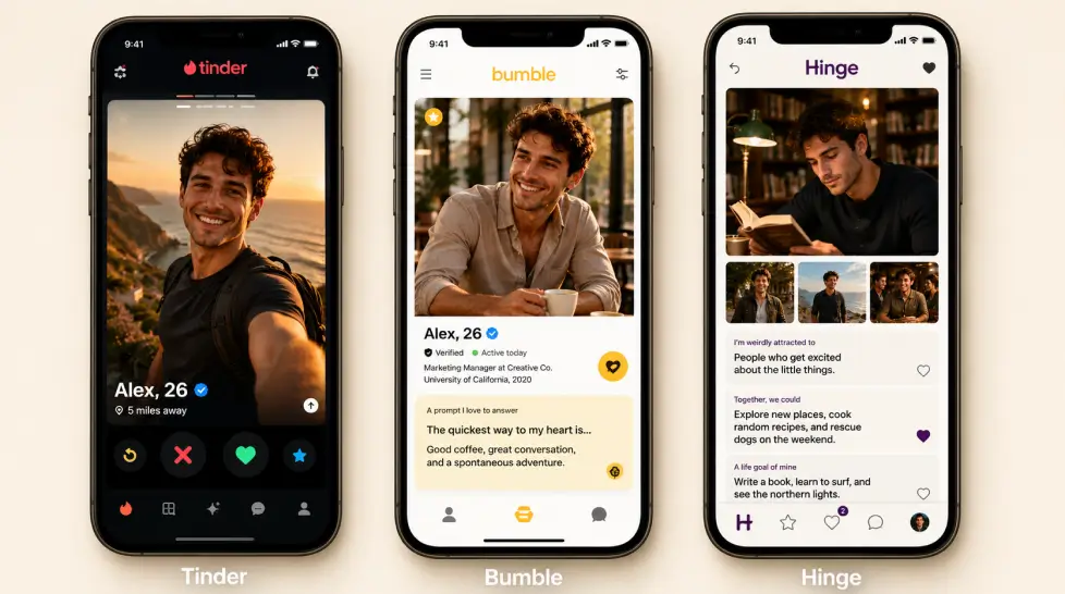 Three smartphone mockups compare the same man's dating profiles across Tinder, Bumble, and Hinge, demonstrating platform-specific profile optimization with tailored photos, bios, prompts, and interface designs while maintaining a consistent personal brand.