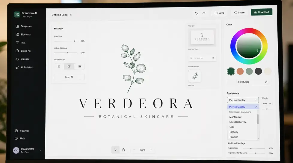 AI logo design editor interface displaying a botanical skincare brand logo with color picker, font selection panel, logo customization tools, and live brand preview on a modern SaaS dashboard.