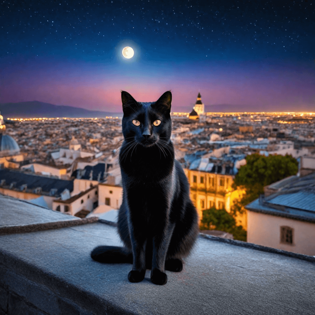 A black cat sitting on a ledge overlooking a city