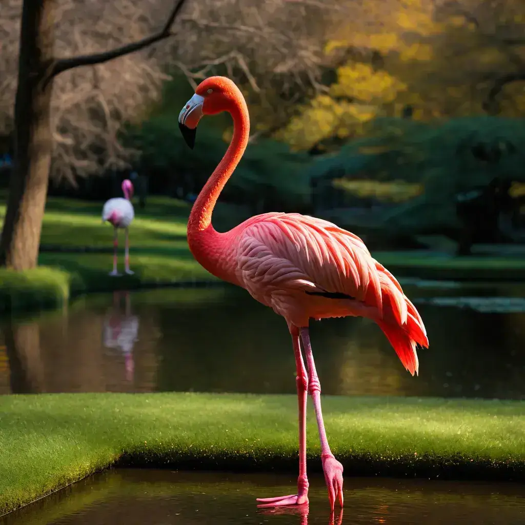 A pink flamingo gracefully stands on a grassy area, showcasing its vibrant plumage and elegant posture.