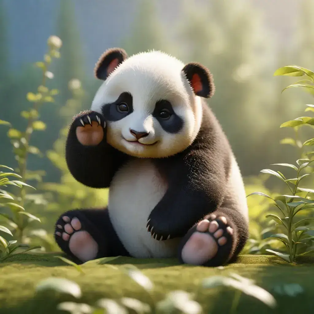 A panda bear sitting on grass, raising its paws in a relaxed manner.