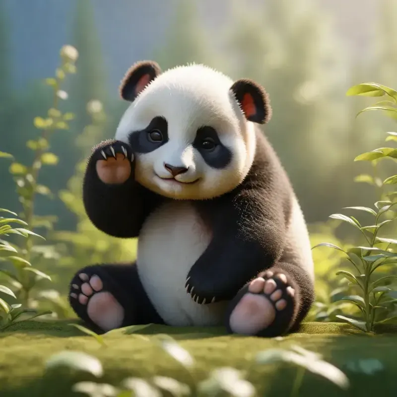 A panda bear sitting on grass, raising its paws in a relaxed manner.