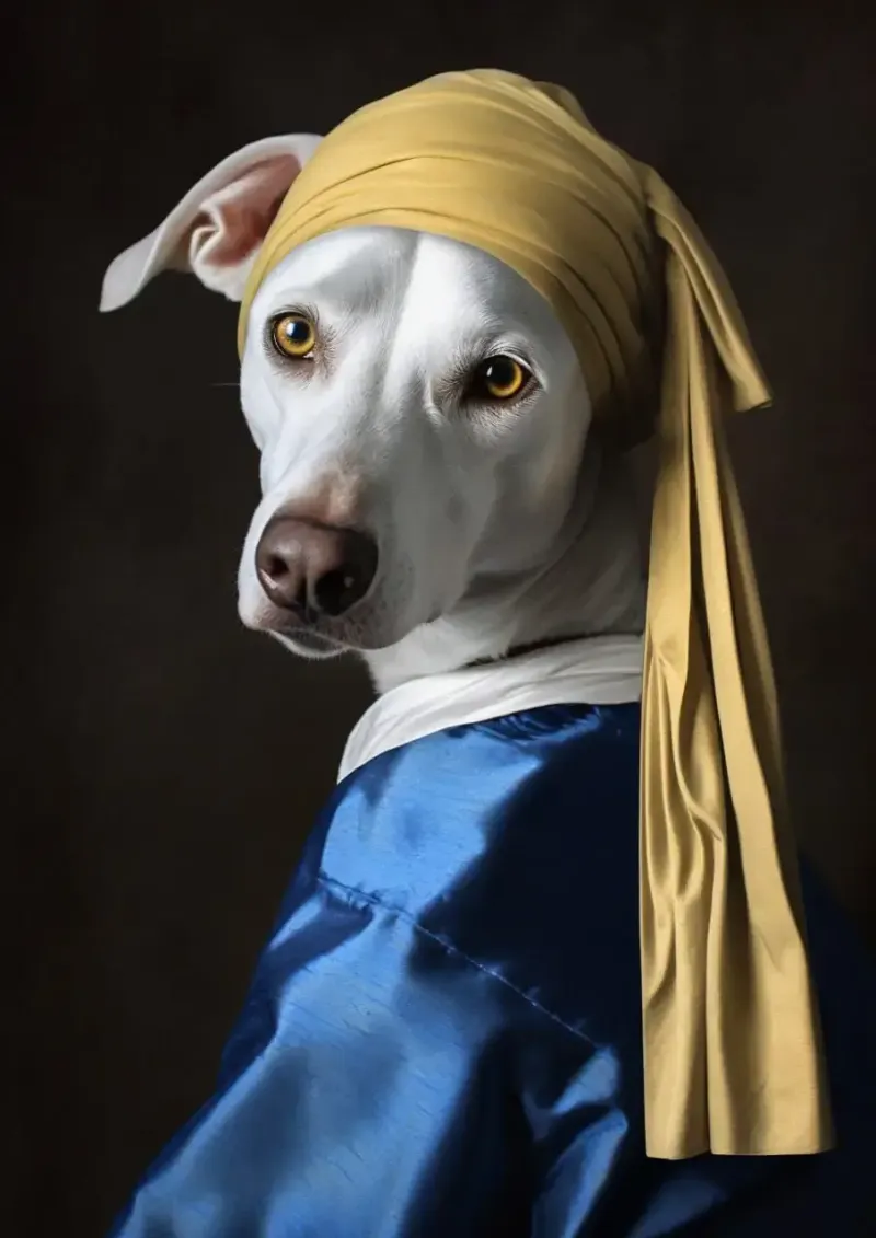 A cute white dog rocking a yellow hat and a stylish blue dress