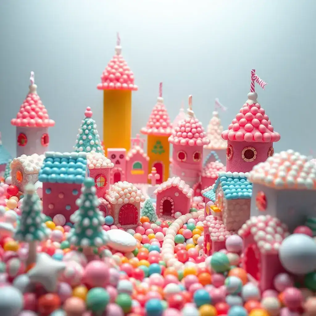 A miniature candy-like castle surrounded by other sweet treats.