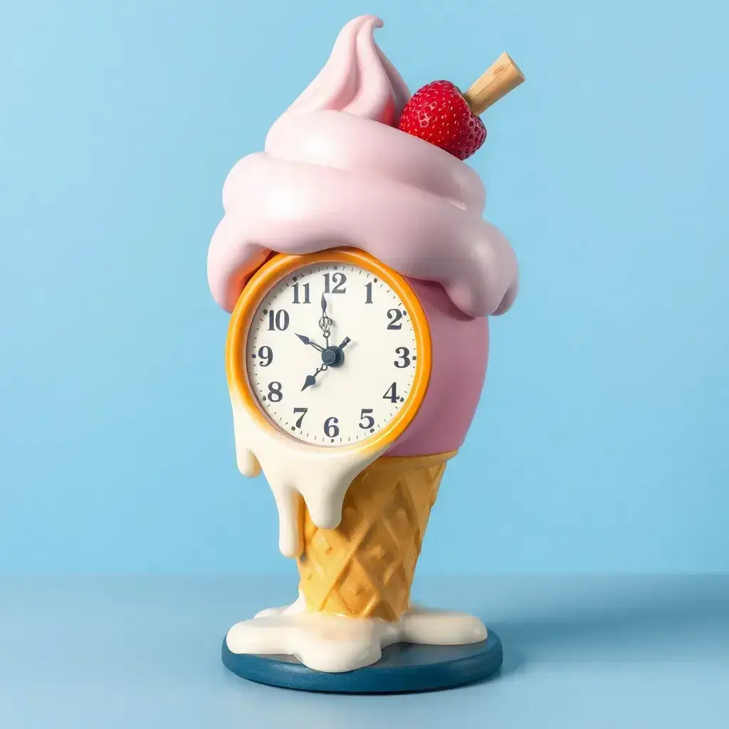 A clock shaped like an ice cream cone with a cherry on top.