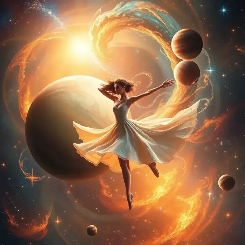 A woman stands on a planet, holding a glowing orb while a cosmic spiral swirls around her.