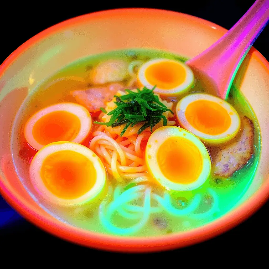 A bowl of ramen with colorful noodles and a glowing egg.