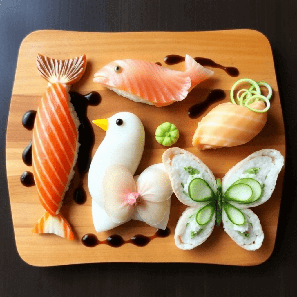 A plate of sushi shaped into a fish, a bird, and a butterfly.