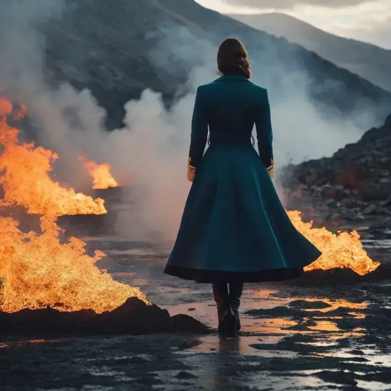 A person walking in front of a fire