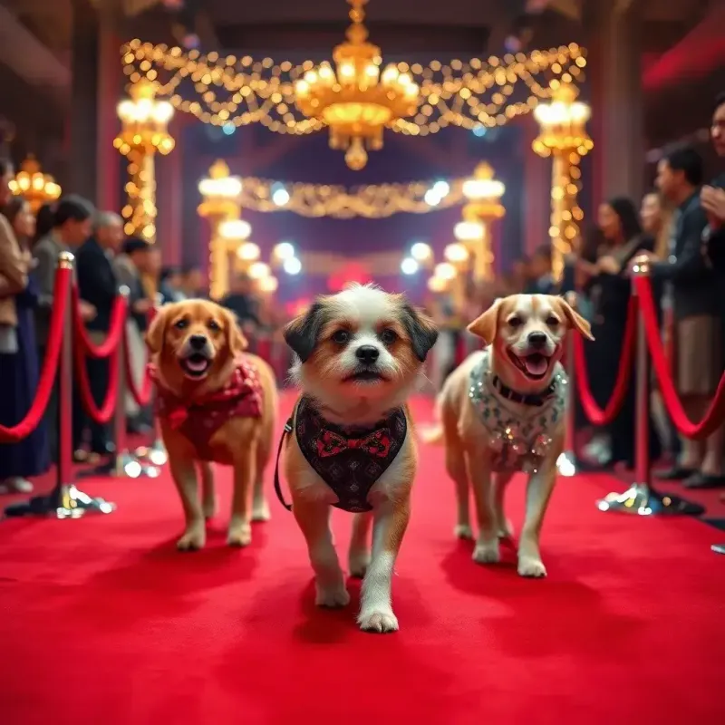 Three dogs walking down a red carpet towards a brightly lit entrance at night.
