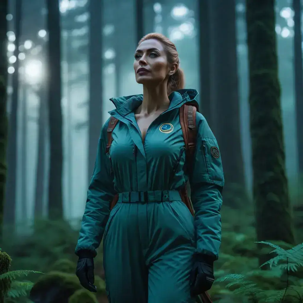 A woman in a green suit standing in the woods.