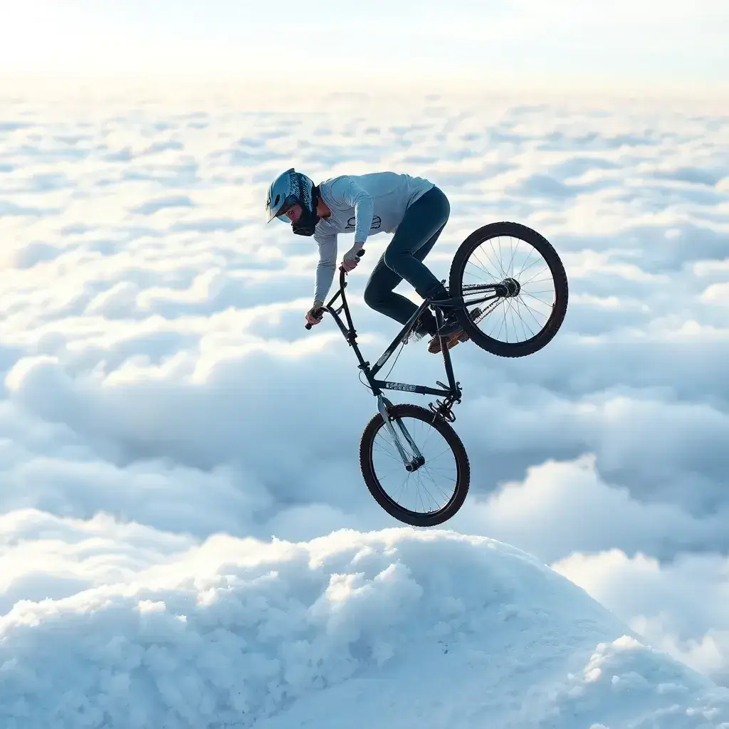 A cyclist rides a bike on a fluffy white cloud with a blue sky in the background.