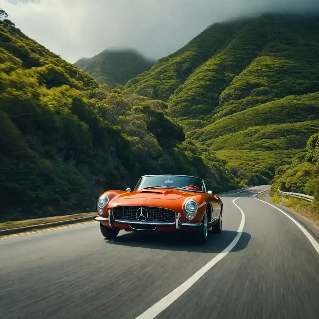 a car driving on a road with green hills