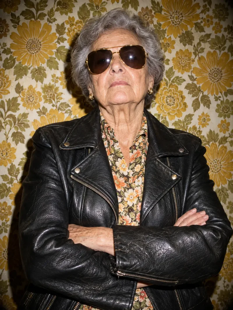 AI-generated portrait of a stylish elderly woman in sunglasses and a leather jacket