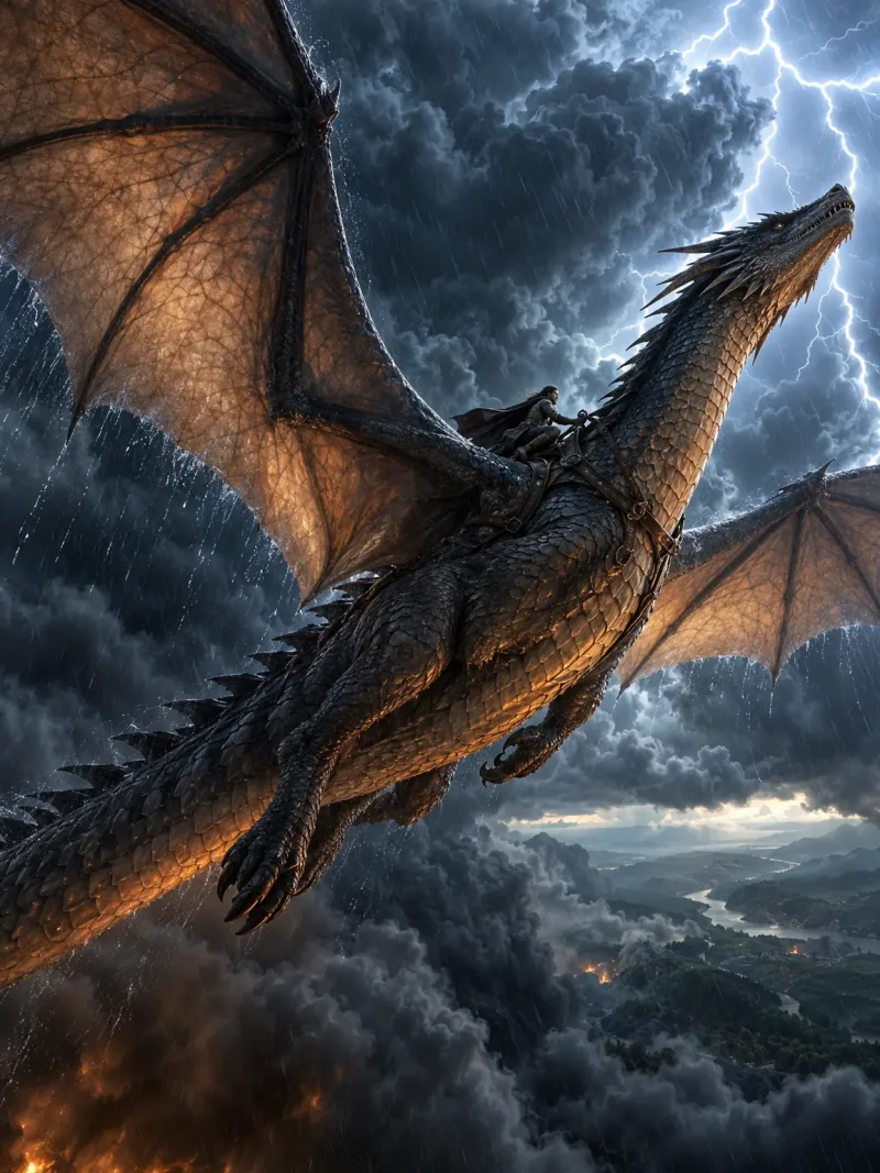AI-generated fantasy dragon flying through stormy clouds