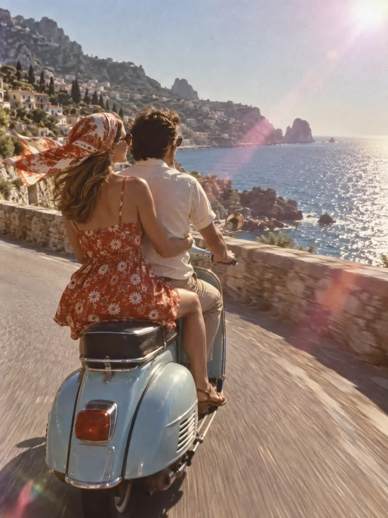 AI-generated photo of a couple riding a scooter along a coastal road