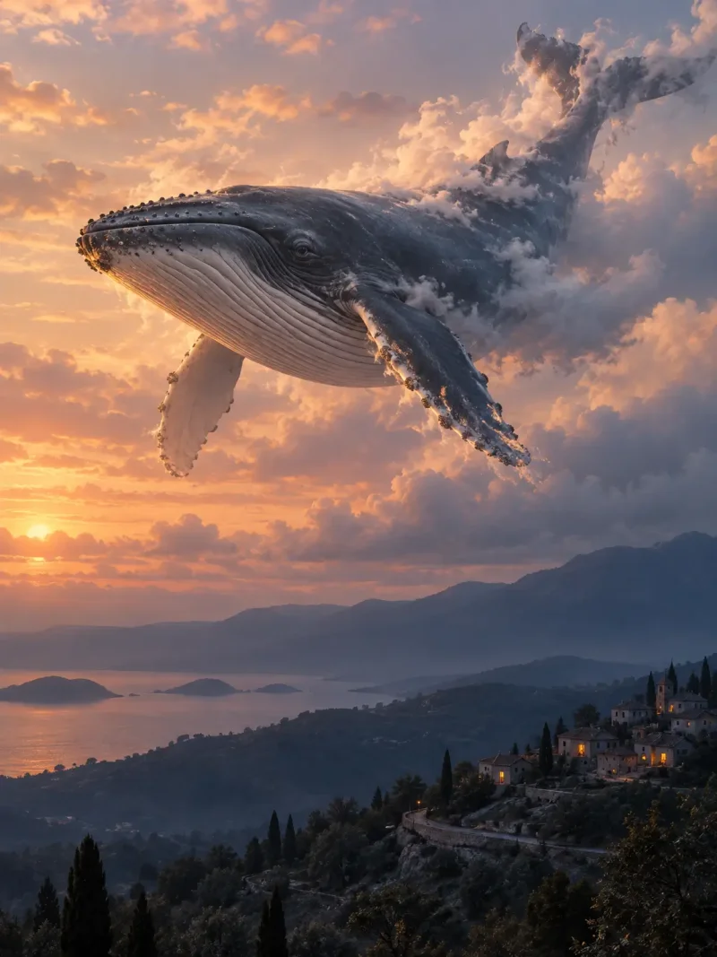 AI-generated surreal image of a whale flying over mountains at sunset