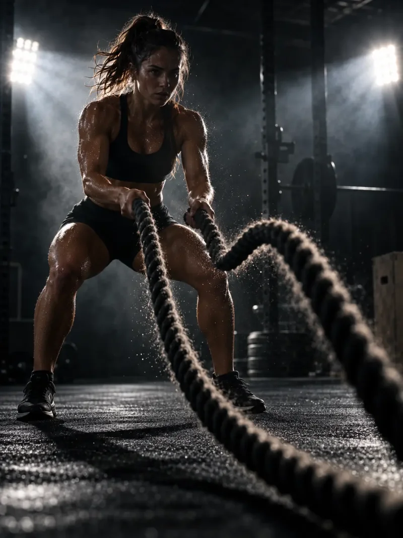 AI-generated photo of a man working out with battle ropes in a gym