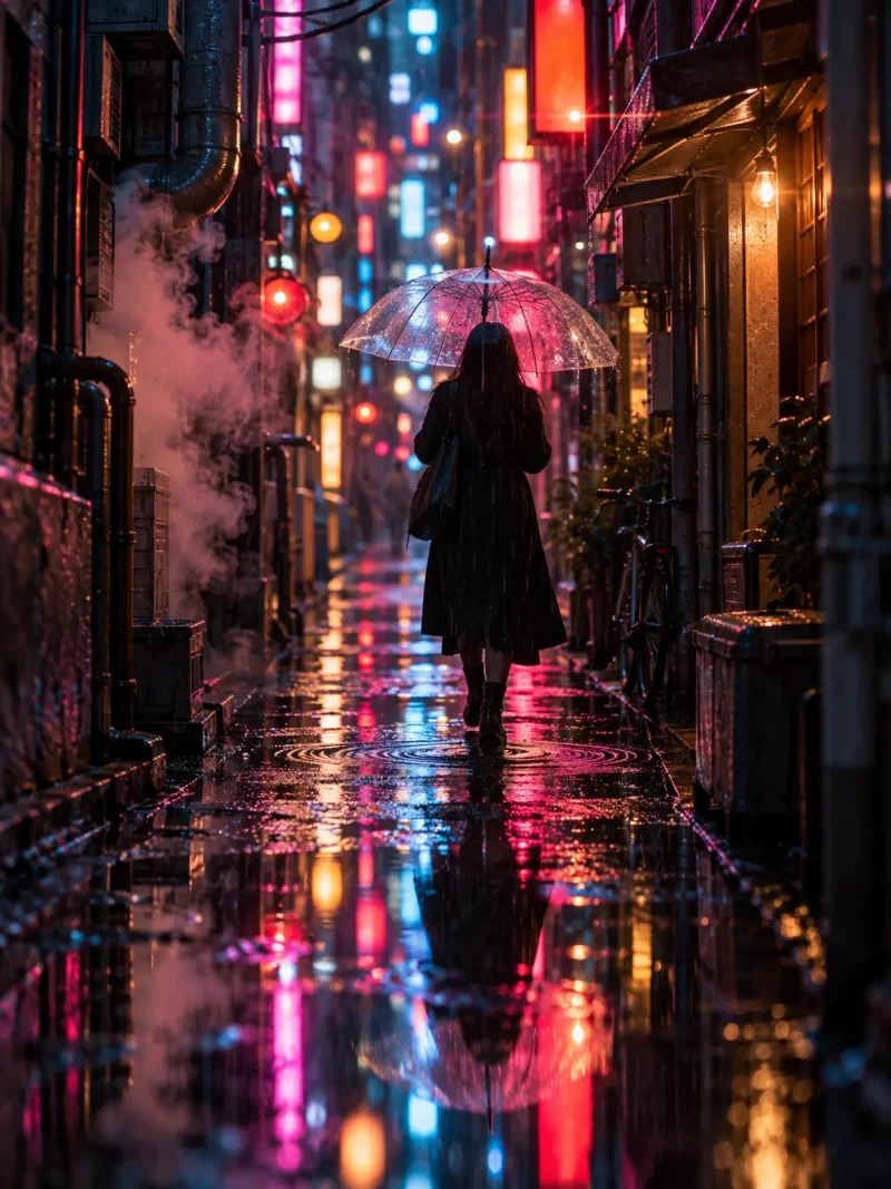 AI-generated cyberpunk scene of a figure walking through a neon-lit rainy alley