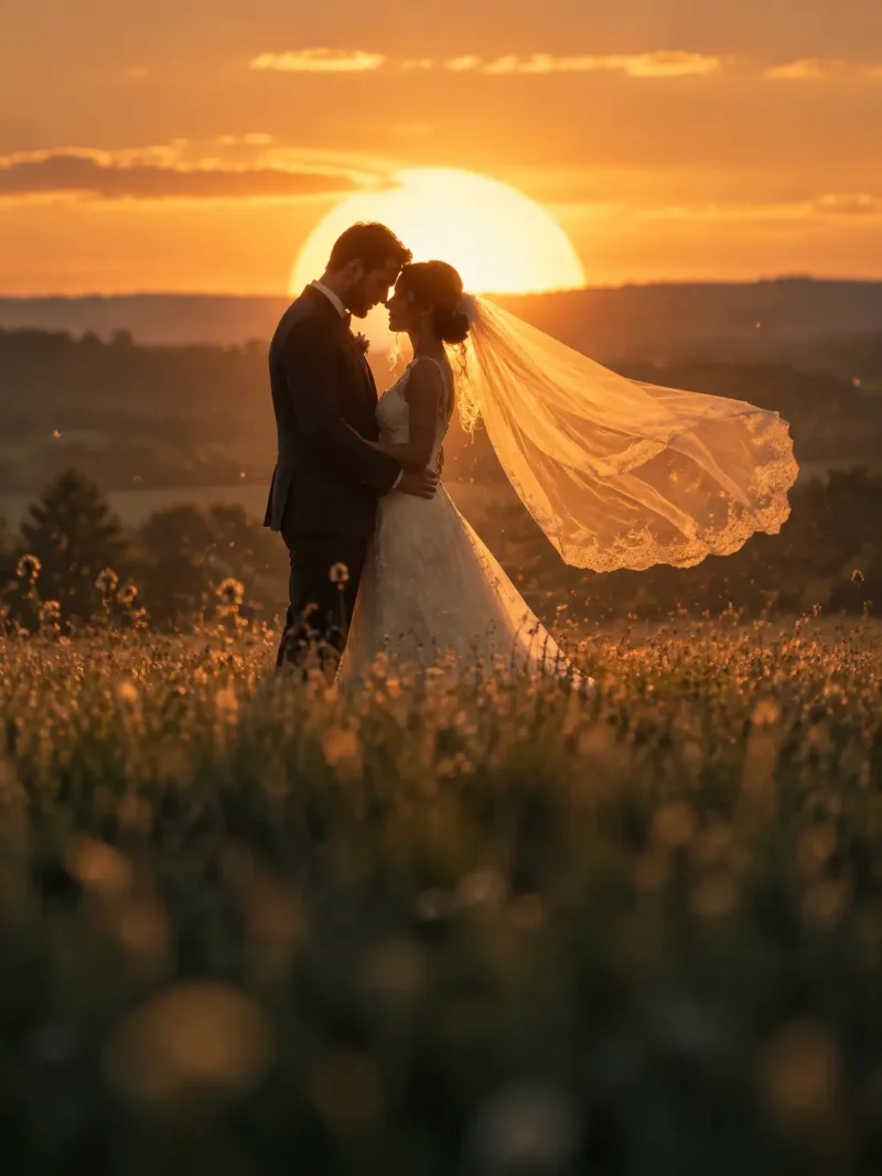 AI-generated wedding photo of a couple kissing in a field at sunset