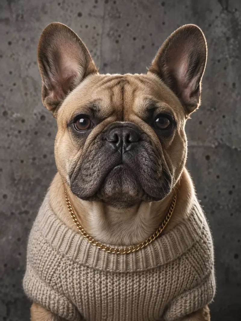 AI-generated portrait of a French bulldog wearing a sweater