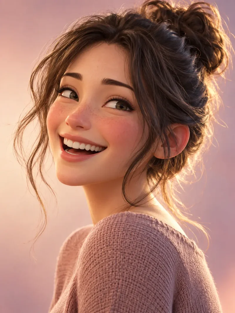 AI-generated cartoon style portrait of a smiling young woman