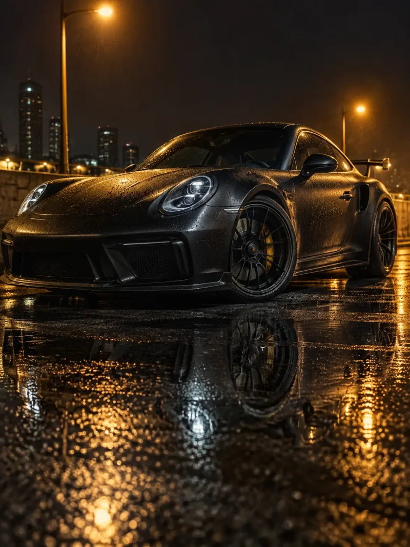 AI-generated night photo of a black Porsche sports car on a wet street
