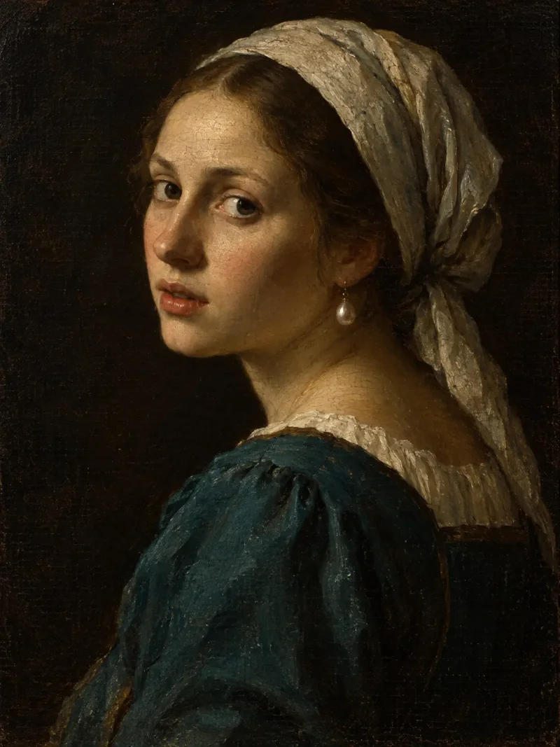 AI-generated classical oil painting style portrait of a young woman