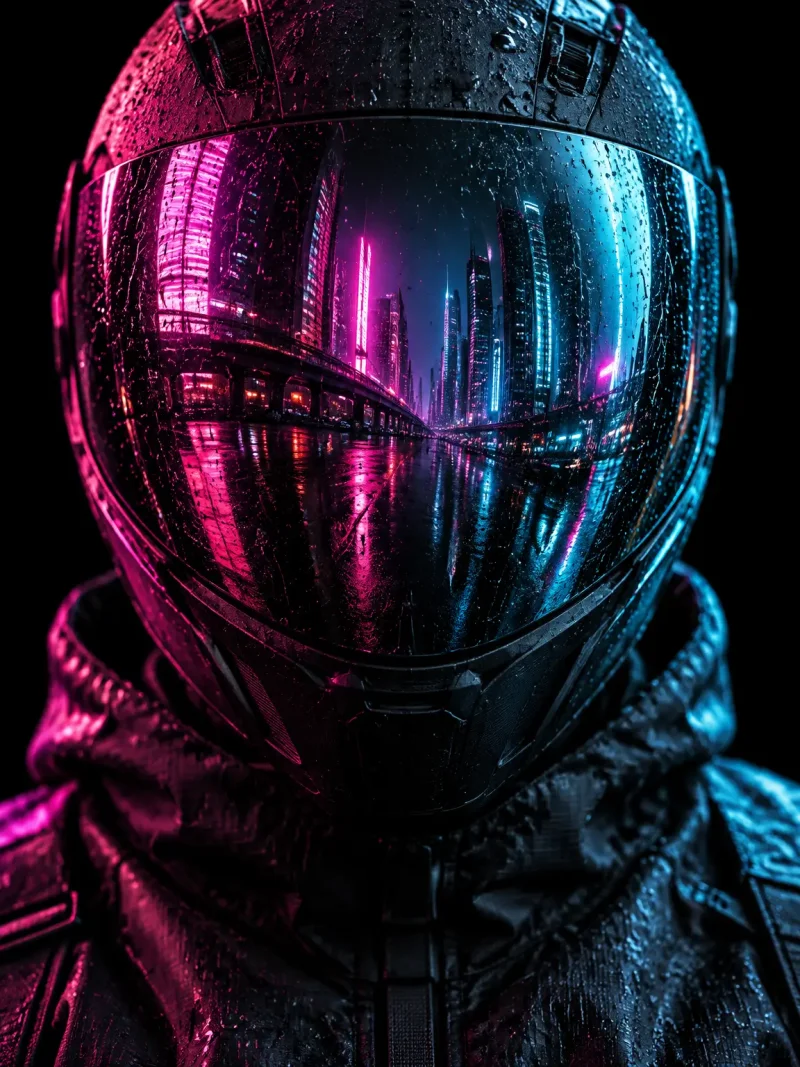 AI-generated image of a futuristic reflective helmet with neon lighting