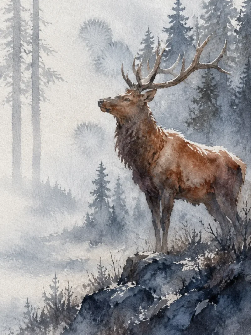 AI-generated watercolor painting of an elk in a forest