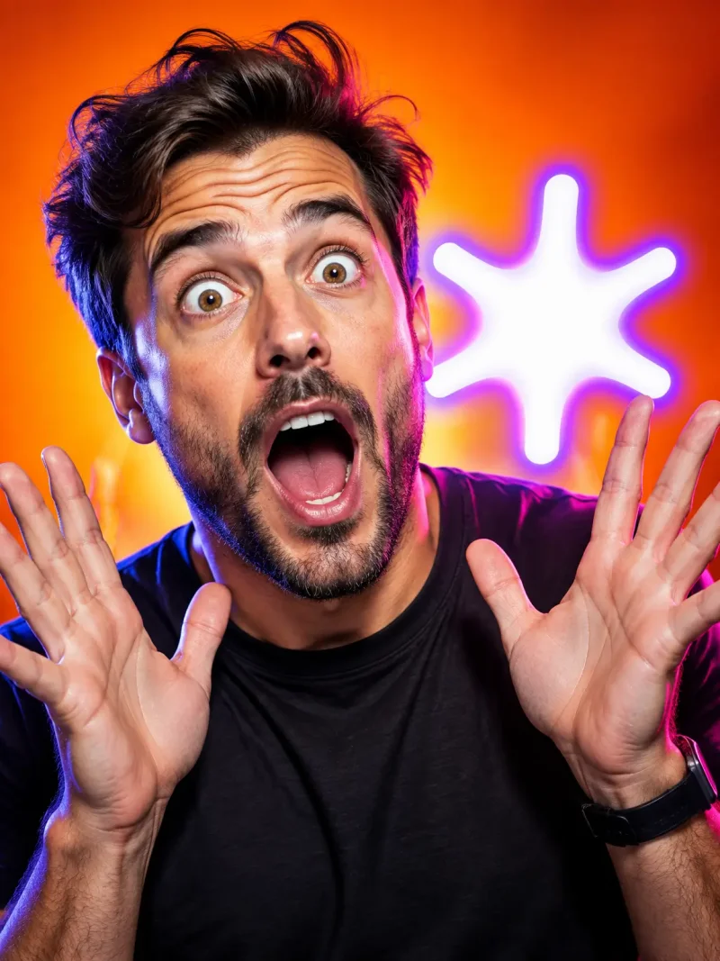 AI-generated reaction photo of a man with a shocked expression next to a glowing star