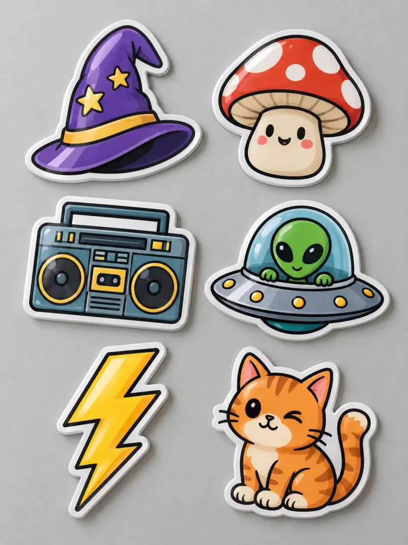 AI-generated sticker pack featuring a wizard hat, mushroom, boombox, alien, lightning bolt, and cat