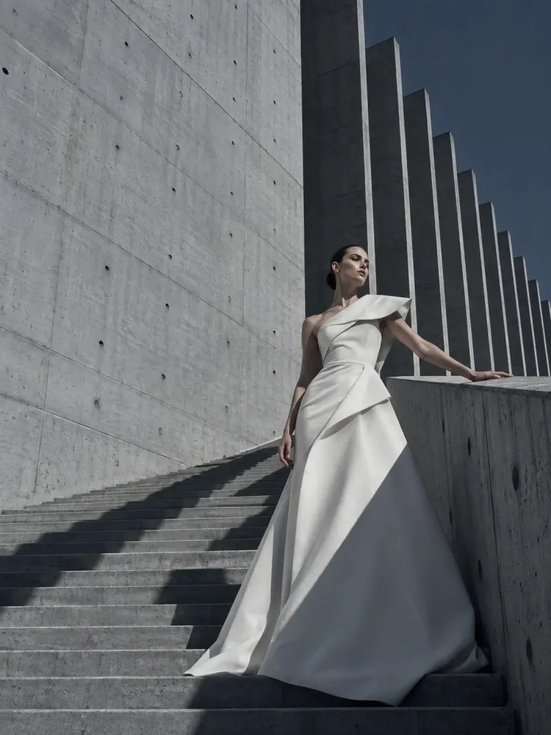 AI-generated wedding photo of a bride in a wedding dress on a modern staircase